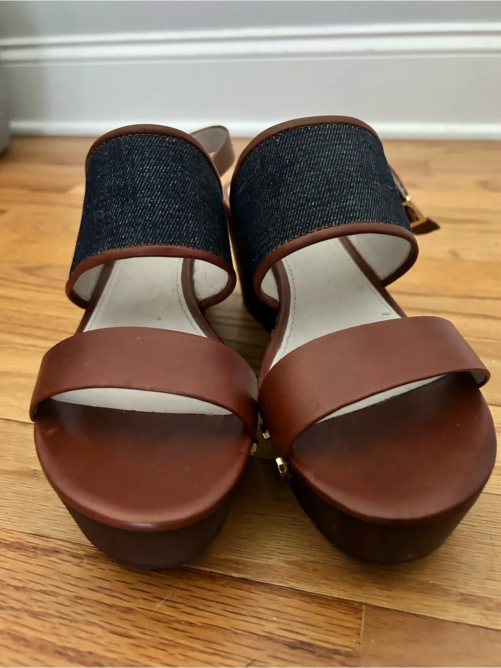 Brown Leather & Denim Platform Sandals with Gold Stud Trim. Size 8